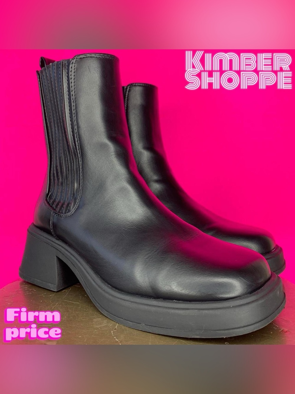 Primark Black Faux Leather Chunky Heel High Ankle Chelsea Boot US 7 UK 5 EU 38